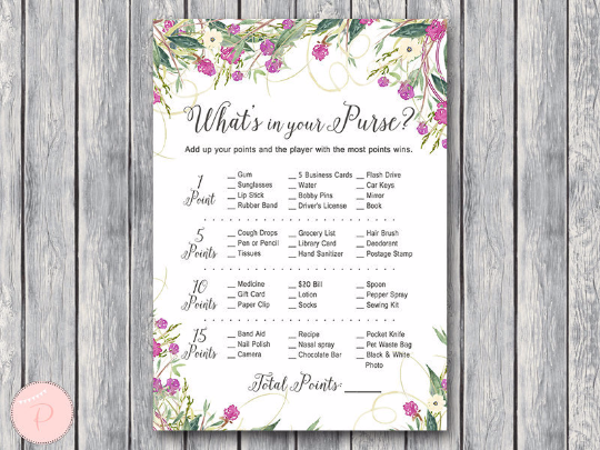 Wild Garden Whats in your Purse Bridal Shower Game