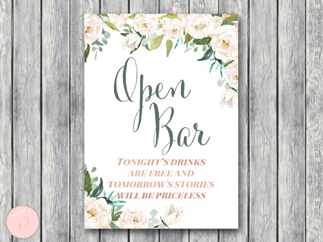 ivory and white floral wedding open bar sign