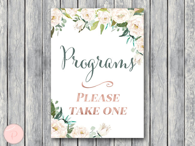 ivory floral wedding program please take one sign