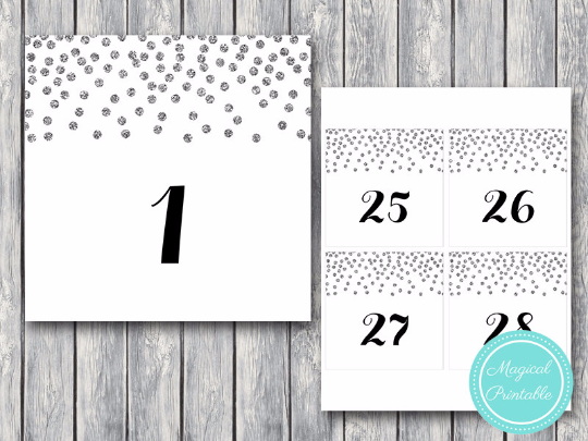 Silver Confetti Wedding Table Numbers Printable