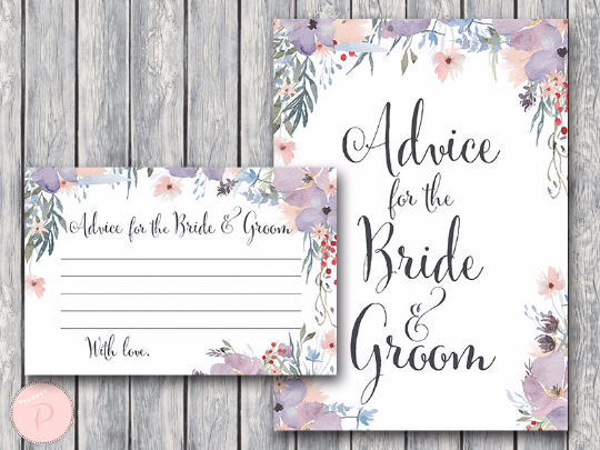 Watercolor Light Purple Floral Advice for the Bride and Groom Card and Sign