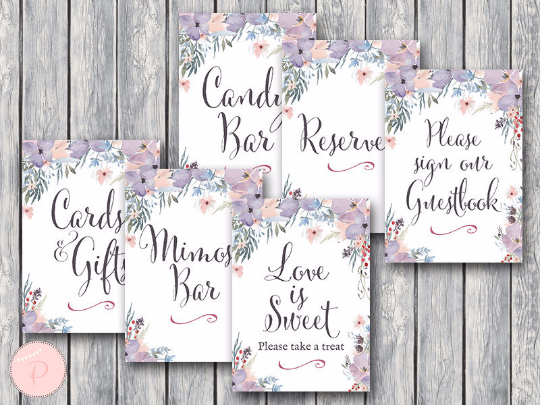 Watercolor Light Purple Floral Bridal Shower Table Signs Package