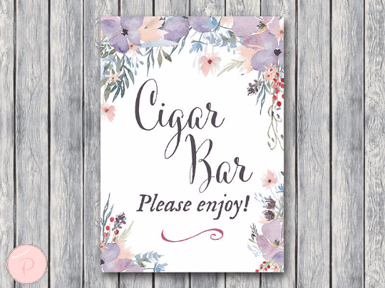 Watercolor Light Purple Floral Cigar Bar Sign Instant Download