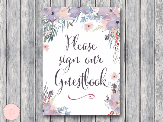 Watercolor Light Purple Floral Guestbook Sign Printable