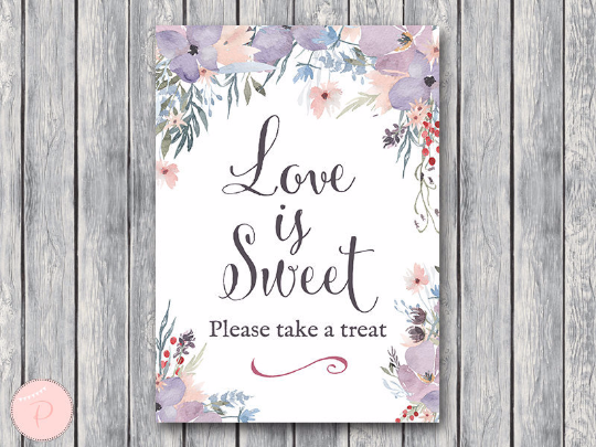 Watercolor Light Purple Floral Love is sweet take a treat sign