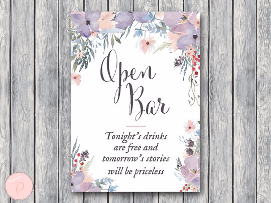 Watercolor Light Purple Floral Open bar sign Instant Download