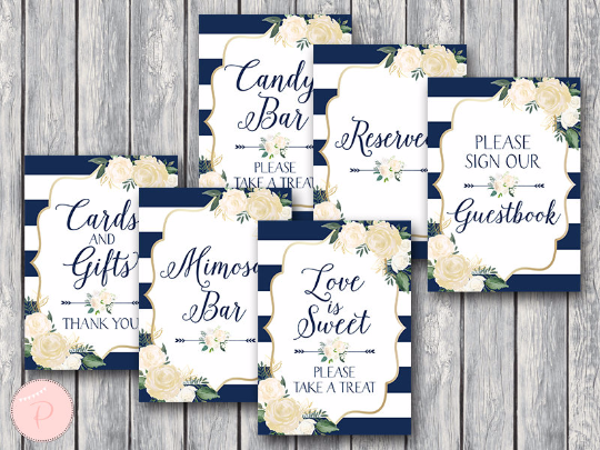 Navy-Ivory-Gold-Floral-Bridal-Shower-Table-Signs-Package