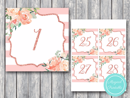Pink Floral Rose Gold Wedding Table Numbers Printable