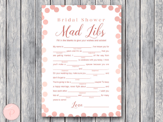 Rose Gold Bridal Shower Mad Libs Marriage advice cards