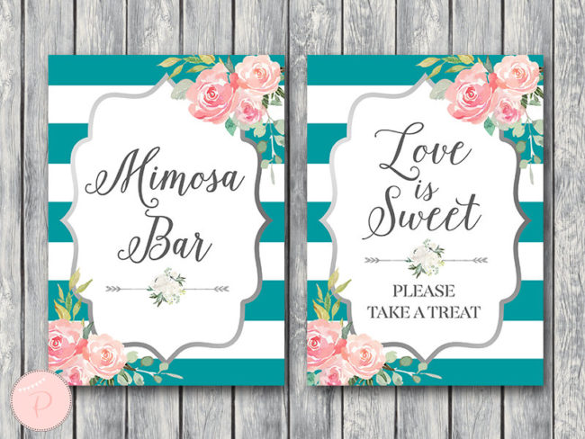 Teal and Silver Bridal Shower Table Signs mimosa love is sweet