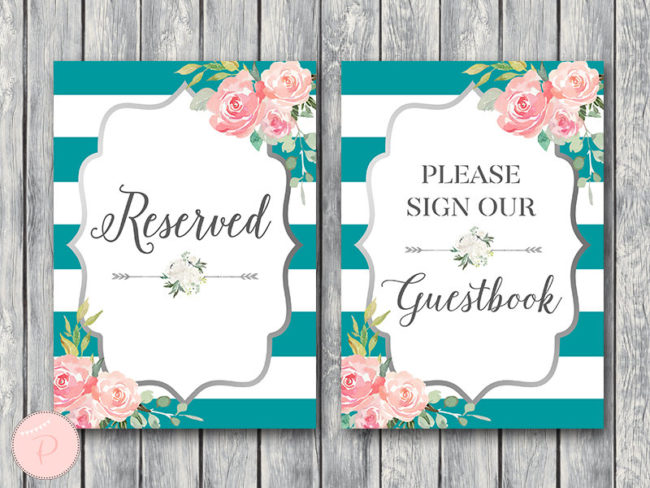 Teal and Silver Bridal Shower Table Signs reserved guestbook