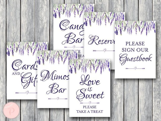 lavender wedding shower table signs