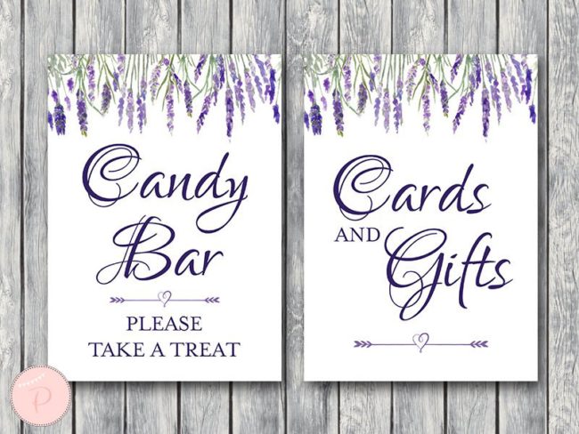 lavender wedding shower table signs candy bar cards and gifts