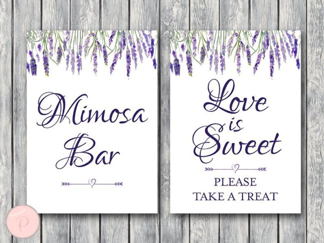 lavender wedding shower table signs love is sweet mimosa