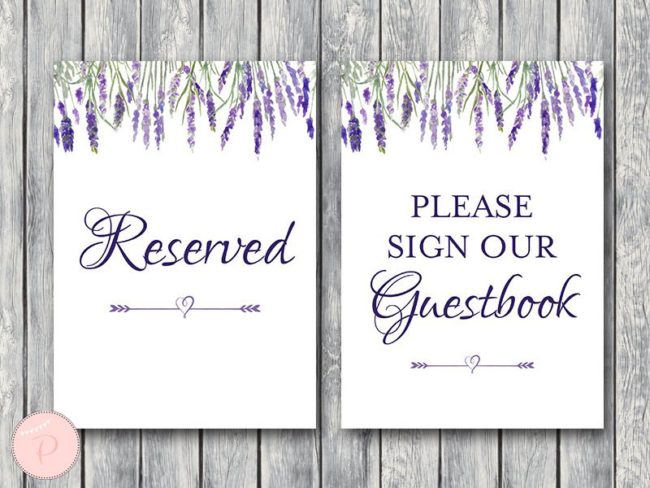 lavender wedding shower table signs reserved guestbook