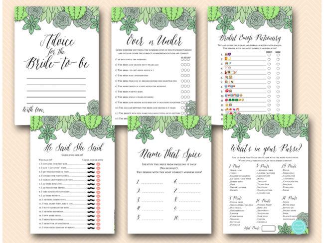 succulent wedding-shower game bundle printable download