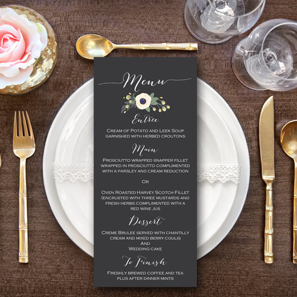 Elegant White Floral Printable Wedding Menu, Custom Wedding Menu Printable wd13