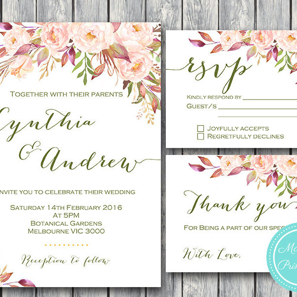 Custom Pink Floral Wedding Invitation Set-RSVP-Thank you-Printable Invitation