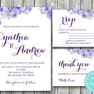 Custom Purple Floral Wedding Invitation Set-RSVP-Thank you-Printable Invitation