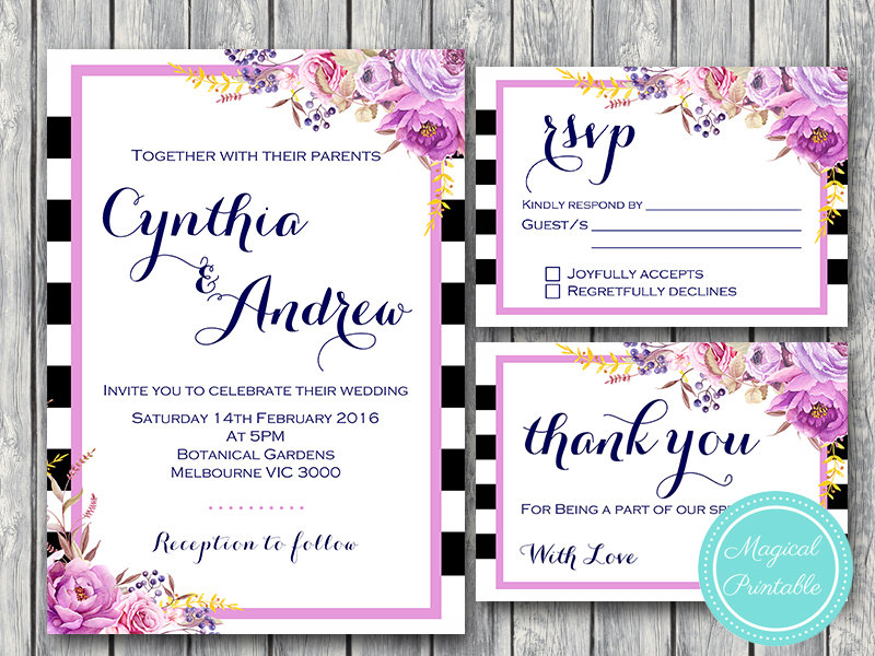 Purple Flower Stripes Wedding Invitation Set, RSVP Thank you Party Invite