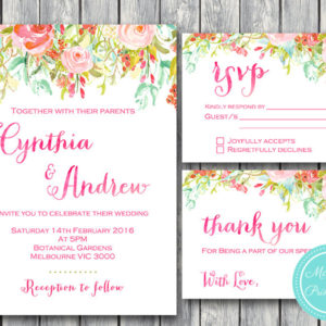 Custom Vibrant Pink Wedding Invitation Set-RSVP-Thank you-Wedding Invitation Printable