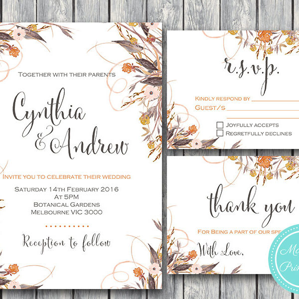 Custom Wild Vintage Fall Floral Wedding Invitation Set-RSVP-Thank you-Printable Invitation