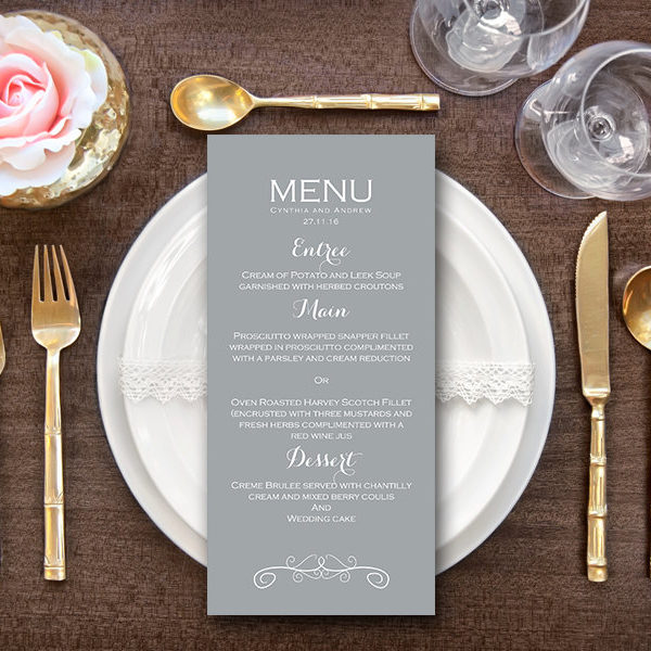 Personalized Elegant Modern Grey Wedding Menu-Custom Wedding Menu Printable