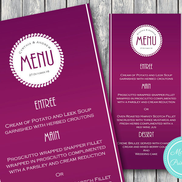 Modern Deep Purple Wedding Menu, Bridal Shower Menu - Bride & Bows