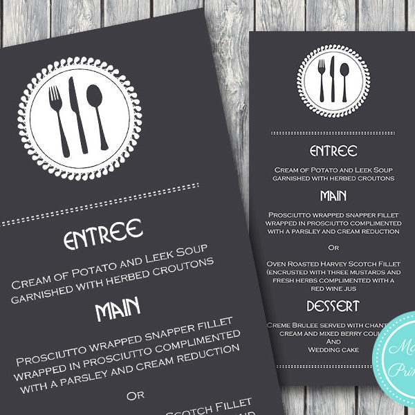 Personalized Modern Shaded Cutlery Wedding Menu-Custom Wedding Menu Printable 2