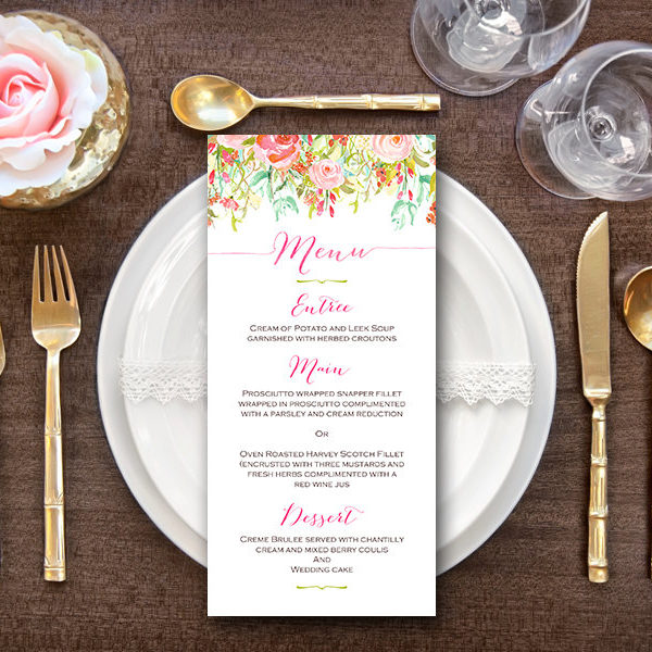 Personalized Vibrant Pink Wedding Menu-Custom Wedding Menu Printable