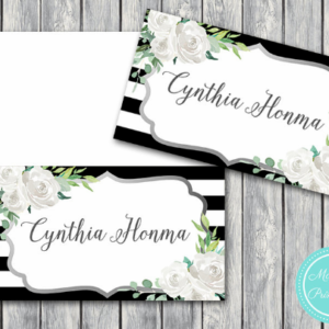 Black-White-Stripe-Ivory-Floral-File-Wedding-Name-cards-Tags-Printable-Tent-Style