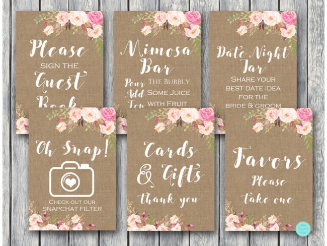 Boho Burlap Wedding Shower Decor Signs