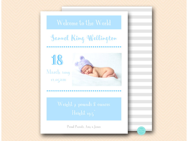 BS616B 5x7 Blue baby Boy cute baby announcement card