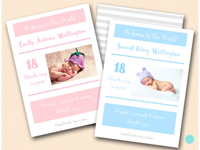 BS616B 5x7 Blue or Pink cute baby announcement card