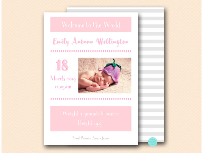 BS616B 5x7 Pink baby girl cute baby announcement card
