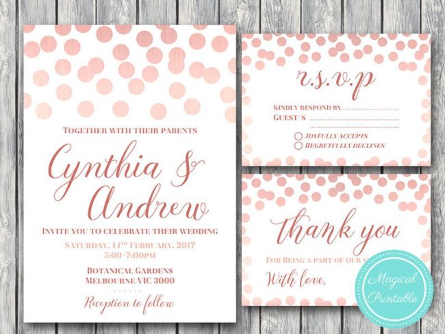 Rose Gold Confetti Custom Wedding Invitation Set
