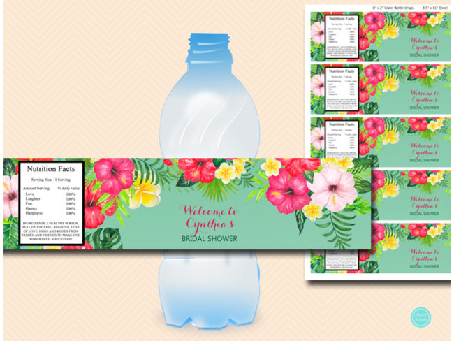 SN650 Water-Bottle-Label luau tropical flamingo party labels