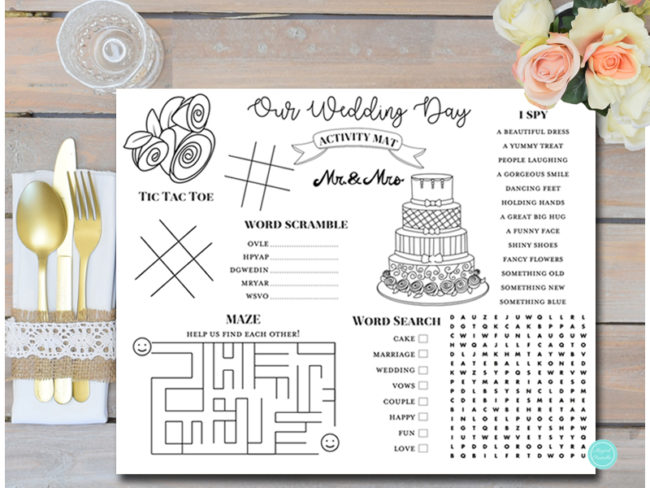 wedding activity mat for kids table cover kraft rustic