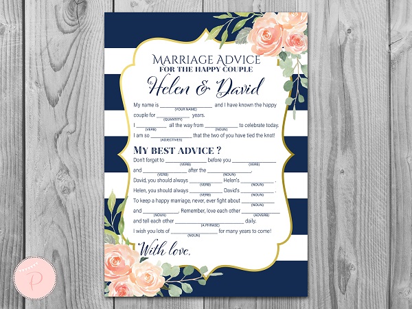 Navy and Gold Wedding Mad Libs Advice Cards Download