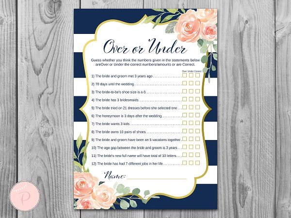 Gold and Navy Over or Under Bridal Shower Game