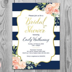 Navy Stripes and Gold Foil Bridal Shower Invitation