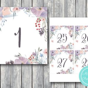 Purple Floral Wedding Table Numbers Printable
