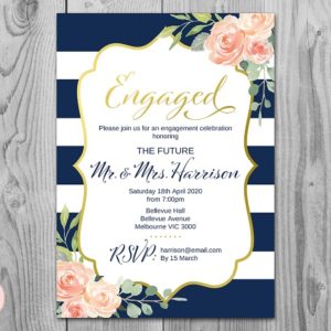 navy and gold engagement invitation