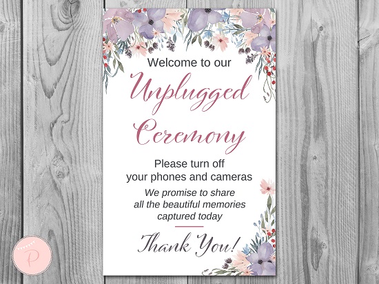 purple and lavender unplugged ceremony sign