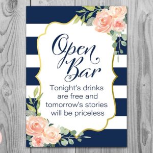 Navy Stripes and Gold Foil Open Bar Printable Sign
