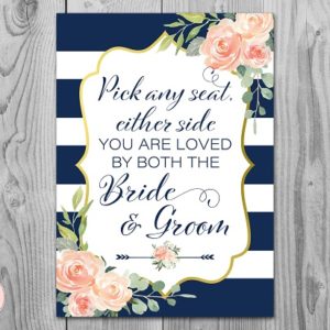 Navy Stripes and Gold Wedding Pick a Seat not a Side Sign