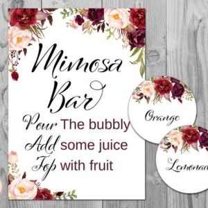 Marsala Floral Mimosa Bar Sign Bubbly Bar Sign, with Round Juice Tags
