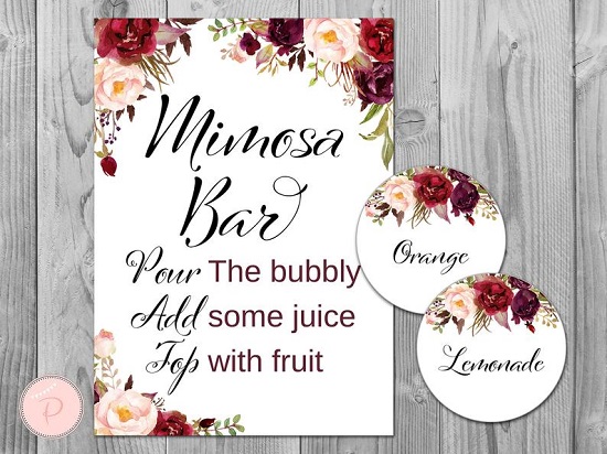 DOWNLOAD Marsala Floral Mimosa Bar Sign with Juice Tags