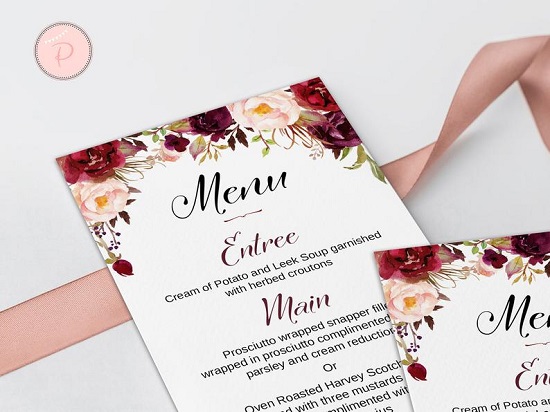 Marsala Floral Printable Wedding Menu digital