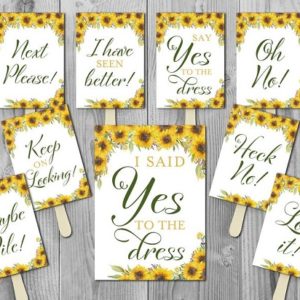 sunflower wedding dress shopping paddle signs